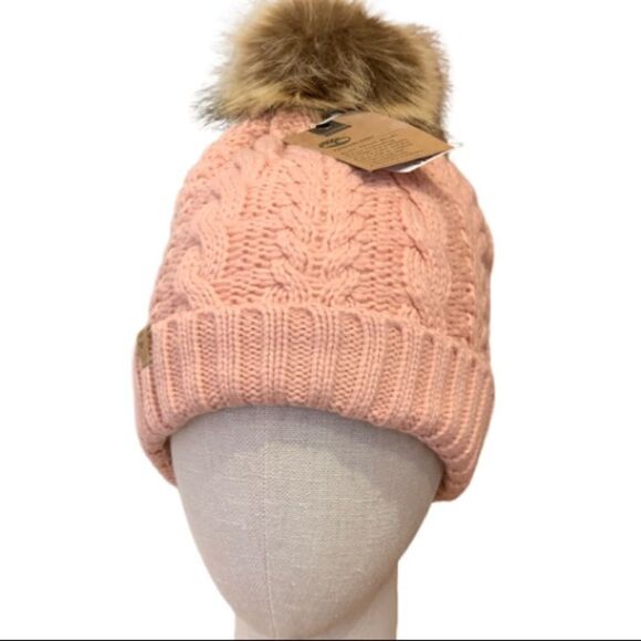 Timberland Cable Knit Beanie Hat  with faux fur Pom Pom - Picture 5 of 5